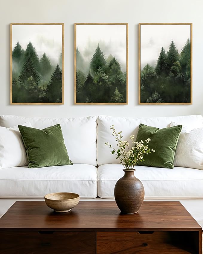 KUVIOKE Morden Green Fog Pine Tree Framed Canvas Wall Art Nature Nordic Forests Artwork Painting Bedroom Decor 16x24in (Natural Framed)