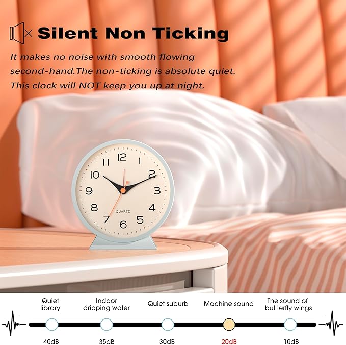 AYRELY® 4.5" Analog Alarm Clock,Small Retro Desk Clock Battery Operated,Slient Metal Table Clock with Light for Living Room Decor,Bedroom,Bedside,Shelf (Light Blue)
