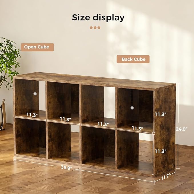 LUCKLIFE 8-Cube Storage Organizer, Stackable Modular Bookcase Shelf with Vertical or Horizontal Use, Fits 11×11" Bins, Optional Back Panels, for Living Room, Office, Vintage Brown