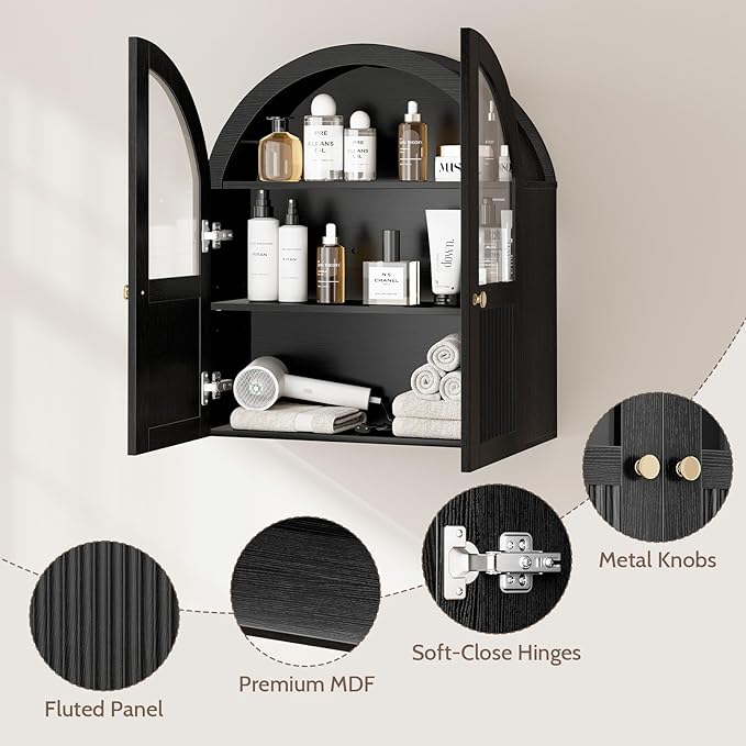 Arched Bathroom Wall Cabinet, 24 x 28 Inch Over The Toilet Storage Cabinet with Glass Door, Fluted, Adjustable Shelf, Wall Mounted Floating Wooden Medicine Cabinets for Bathroom Laundry Room, Black
