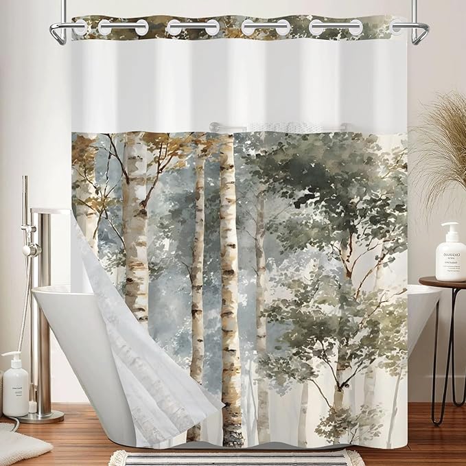 No Hook Bathroom Shower Curtain and Liner Set, Birch Tree Forest Print Double Layer Waterproof Fabric Bath Tub Curtain with Snap in Liner, See Through Top, 71 x 74 Inch