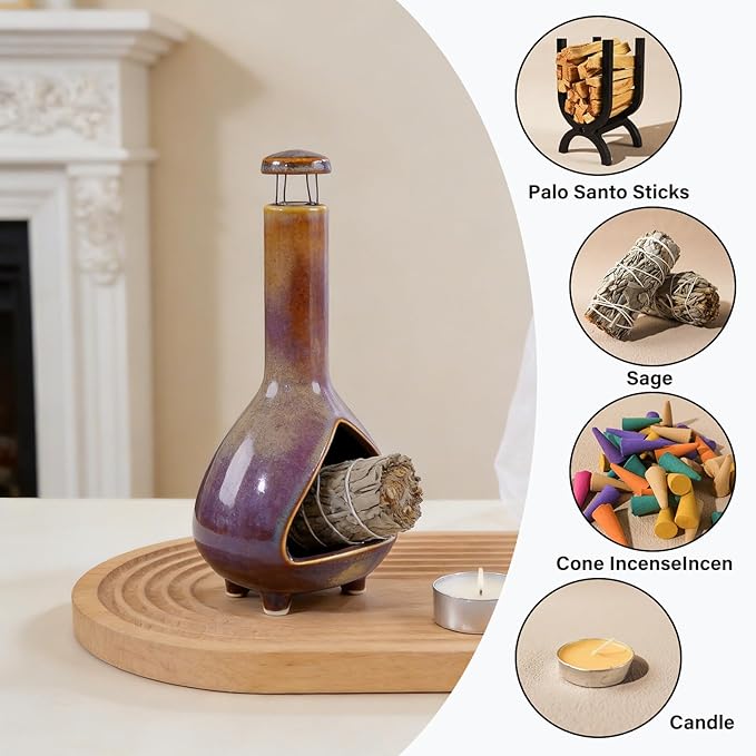 Ceramic Palo Santo Holder - High Temperature 1200°C Mini Chiminea for Sage, Incense & Palo Santo Sticks - Elegant Gradient Glaze Design for Energy Cleansing, Yoga, Meditation & Aromatherapy