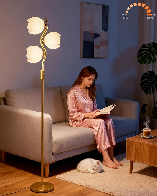 Lightdot 62IN Gold Floor Lamp Stepless Dimmable Bud-Shaped Floor Lamps with 3Pcs 3000K G9 Bulbs Included Eye-Friendly Mid Century Standing Lamps for Living Room/Bedroom/Sofa Beside/Corner Decor