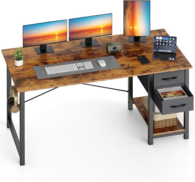Sweetcrispy 47 Inch Computer Desk with Drawers for Home Office Writing Desk X Shaped Reinforcement Wood Surface Adjustable Position Modern Study Work Side Hook Metal Frame Storage Station Rust