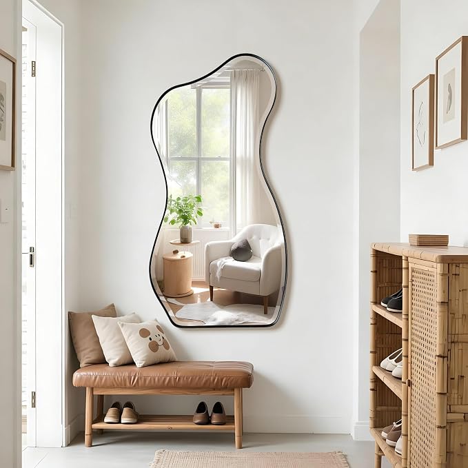 POZINO Irregular Beveled Mirror, 53"x25" Asymmetrical Wall Mirror with Black Metal Frame, Organic Shape Floor Mirrors for Entryway Living Room Bedroom Hallway, Leaning/Wall-Mount