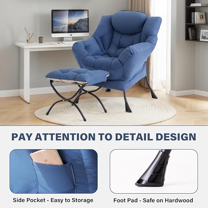 Tiita Lazy Chair with Ottoman, Blue Modern Large Accent Chair, Comfy Leisure Sofa Armchair with Ottoman, Reading Chair with Footrest for Bedroom, Living Room, Dorm Rooms, Blue