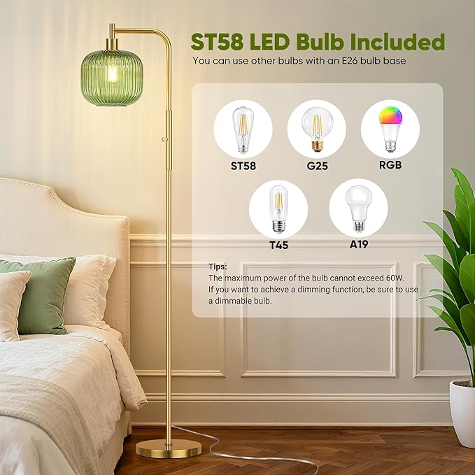 QiMH Glass Floor Lamp for Living Room, Modern Standing Lamp with Green Ribbed Glass Lampshade, Stepless Dimmable Rotary Switch, 67” Tall Lamp for Bedroom Home Decor, Brushed Gold
