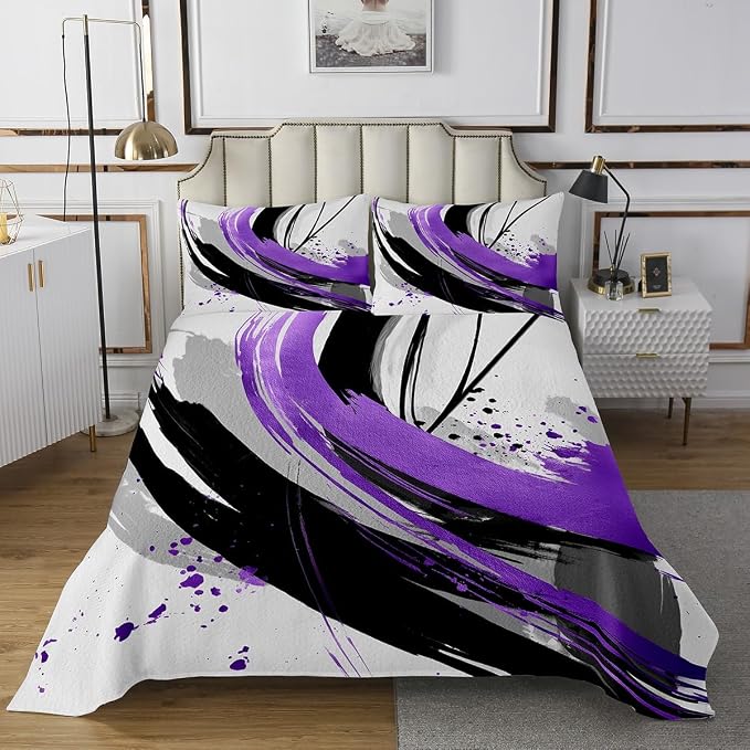 Erosebridal Black and Purple Quilt Set | Geometric Striped Coverlet Set for Girls Modern Contemporary Art Bedspread Sets Boys Adults Boho Minimalist Aesthetic Art Quilts Queen 3 Pieces