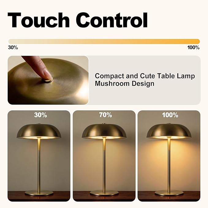 Portable LED Mushroom Table Lamp, Cordless Gold Table Lamp with 3 Color Stepless Dimming, Touch Control, Adjustable Height, Touch Lamp for Nightstand, Bedroom, Coffee Table, Bar, Restaurant, Wedding