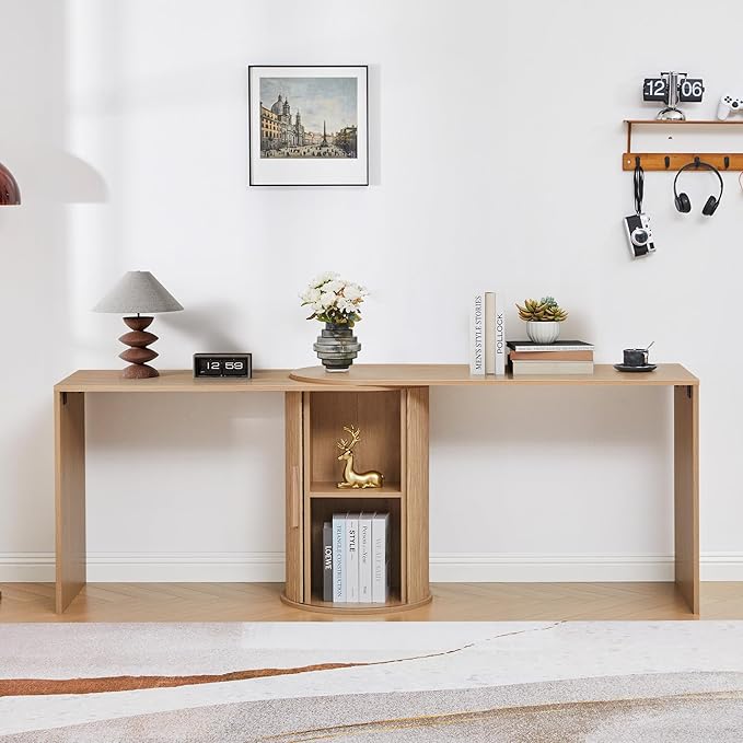 Fluted Computer PC Desk Table with Storage, Boho Corner L Shaped Desk with Storage for Small Space, Modern Home Office Desk for Bedroom, for Writing, Executive, Study, Work - Natural