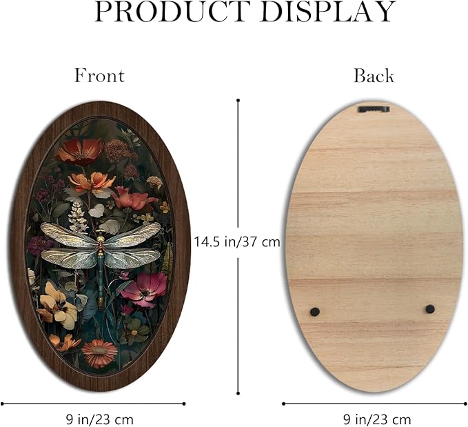 UYIKG Vintage Dragonfly Wall Art Decor,Dragonfly Floral William Morris Oval Wall Decor, Rustic Farmhouse Cottagecore Wooden Framed Wall Decorations for Theme Room Home Bedroom Living Room 9x14.6 in
