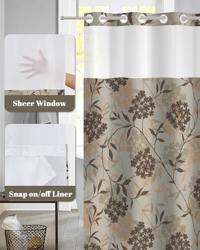 No Hook Shower Curtain with Snap in Liner Set - Neutral Botanical Floral Pattern Shower Curtains for Modern Farmhouse Bathroom, Waterproof Bath Tub Curtain with Mesh Top, 71Wx74H