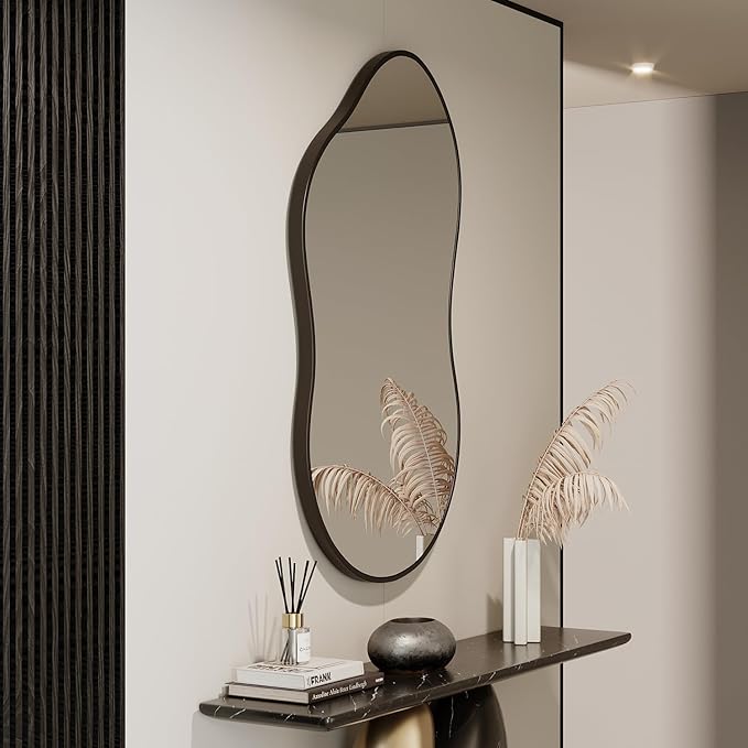 Irregular Wall Mirror - 26''×46'' Asymmetrical Decorative Tempered Glass Aluminum Alloy Framed Mirrors Cloud Mirror Wavy Mirrors for Bathroom, Bedroom, Living Room, Entryway（Black）