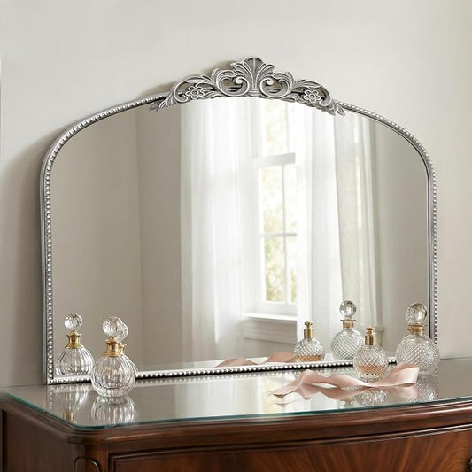 Micasso Vintage Wall Silver Mirror: 32"x24" French Baroque Antique Mirror - Traditional Ornate Decorative Arched for Wall/Bathroom/Entryway/Fireplace/Hallway - Home Decor for Living Room