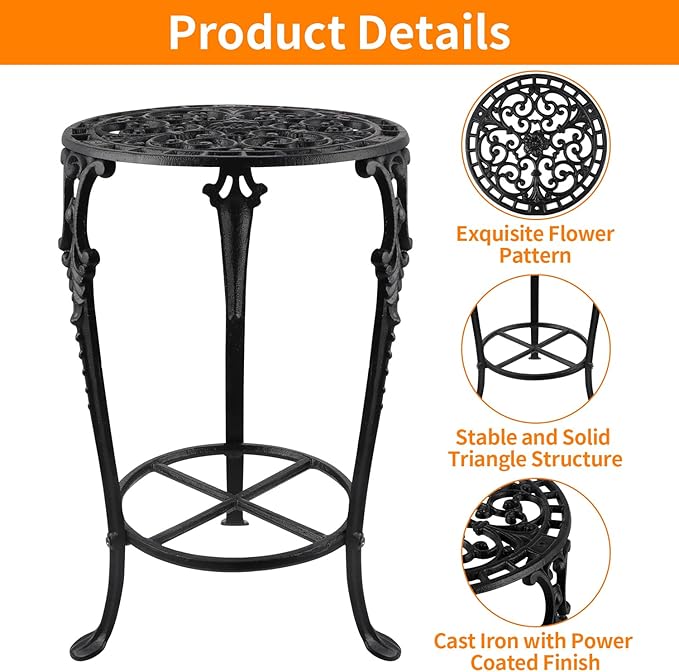 Vintage Cast Iron Plant Stand, 18.8" Tall Flower Pot Holder, 2 Tiered Potted Planter Rack for Living Room, Bedroom, Kitchen, Porch (Black)