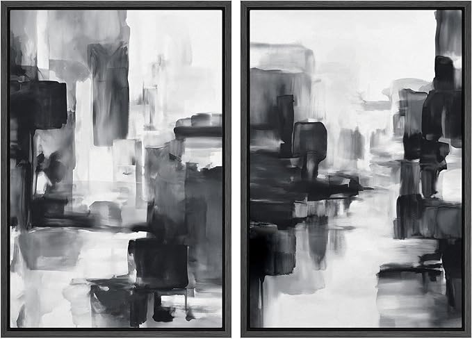 IDEA4WALL Framed Canvas Print Wall Art Set Black and White Urban Abstract Bold Monochrome Brushstroke Illustrations Modern Art Decorative Calm/Zen for Living Room, Bedroom, Office - 16"x24"x2 Black