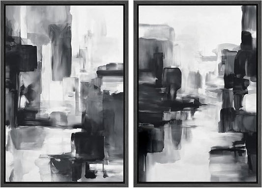 IDEA4WALL Framed Canvas Print Wall Art Set Black and White Urban Abstract Bold Monochrome Brushstroke Illustrations Modern Art Decorative Calm/Zen for Living Room, Bedroom, Office - 24"x36"x2 Black