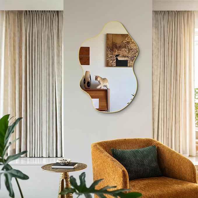 Gold Irregular Mirror, 31.5"x23.6" Asymmetrical Wall Mirrors, Unique Shaped Mirror Decorative, Modern Frameless Abstract Mirrors for Living Room Bathroom Bedroom Hallway Entryway Fireplace