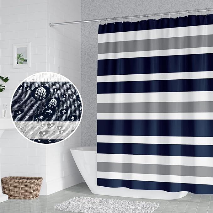 Stripes Fabric Bathroom Curtain Dark Blue Grey Modern Minimalist Shower Curtain with Hooks Polyester Waterproof Abstract Artistic Decor, 72x96 Inch