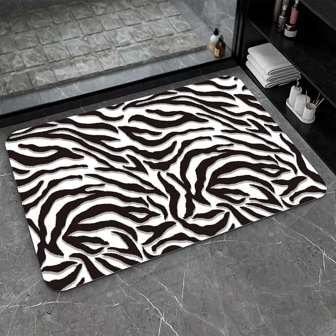 Diatomaceous Earth Bath Mat,Black and White Zebra Print Non-Slip Volume Super Absorbent Fast Drying for Bathroom Kitchen Door mat,Eco-Friendly Easy to Clean 16×24Inch (40 * 60cm)