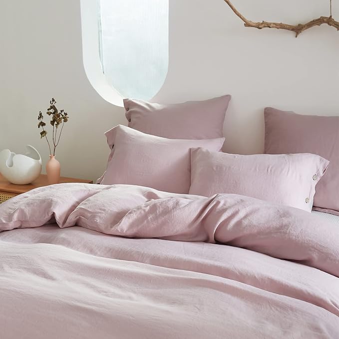 Simple&Opulence 100% Linen Duvet Cover Set 3pcs with Coconut Button Closure Natural French Washed Flax Solid Color Soft Breathable Farmhouse Bedding - Blush Pink, King Size