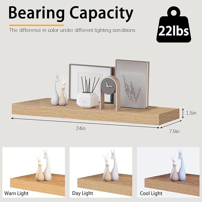 INHABIT UNION Oak Floating Shelves for Wall，24in Wall Mounted Display Ledge Shelves Perfect for Bedroom, Bathroom, Living Room and Kitchen Decoration Storage (Oak, Set of 2)