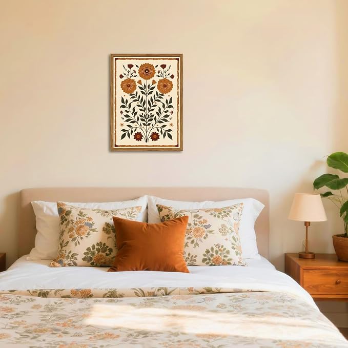 Framed Vintage Mexican Floral Wall Art, Boho Flower Pictures Wall Decor, Folk Marigolds Botanical Paintings Canvas Prints Rustic Home Decor for Living Room Bedroom 16x24 inch