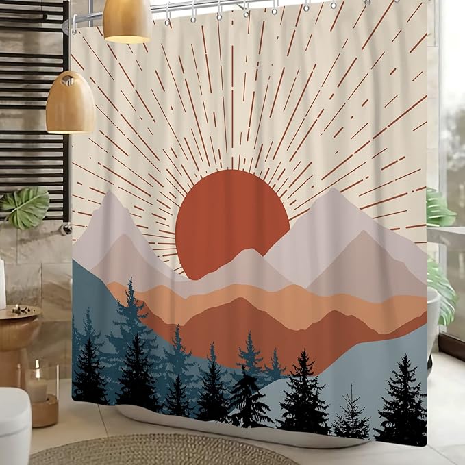 Abstract Mid Century Shower Curtain Boho Sunset Geometric Mountain Forest Aesthetic Shower Curtain Bohemian Minimalist Bathroom Decor Curtains Waterproof Fabric with Hooks 60x72 inch