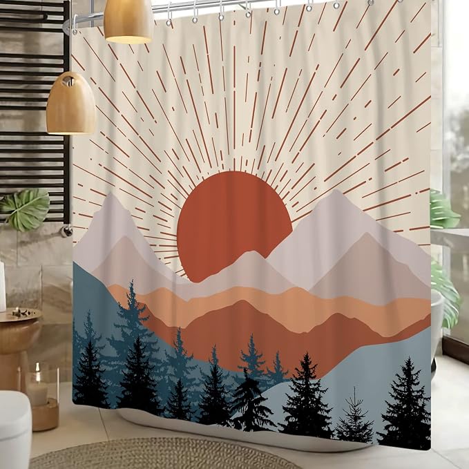 Abstract Mid Century Shower Curtain Boho Sunset Geometric Mountain Forest Aesthetic Shower Curtain Bohemian Minimalist Bathroom Decor Curtains Waterproof Fabric with Hooks 48x72 inch