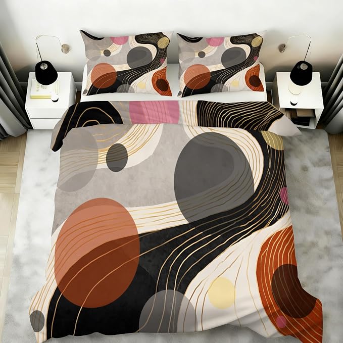 Geometric Abstract Duvet Cover Queen Size for Teen Women Adult, Modern Geometric Line Bedding Set 3 Piece, Minimalist Mid Century Circle Patterned Comforter Cover with Zipper, 2 Pillowcases