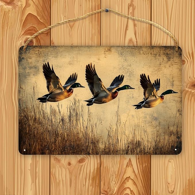 Vintage Flying Ducks Wooden Sign 12x8 Inch - Retro Nature Decor for Nostalgic Enthusiasts & Bird Lovers, Ideal for Vintage-Inspired Interiors & Rural Aesthetic Spaces