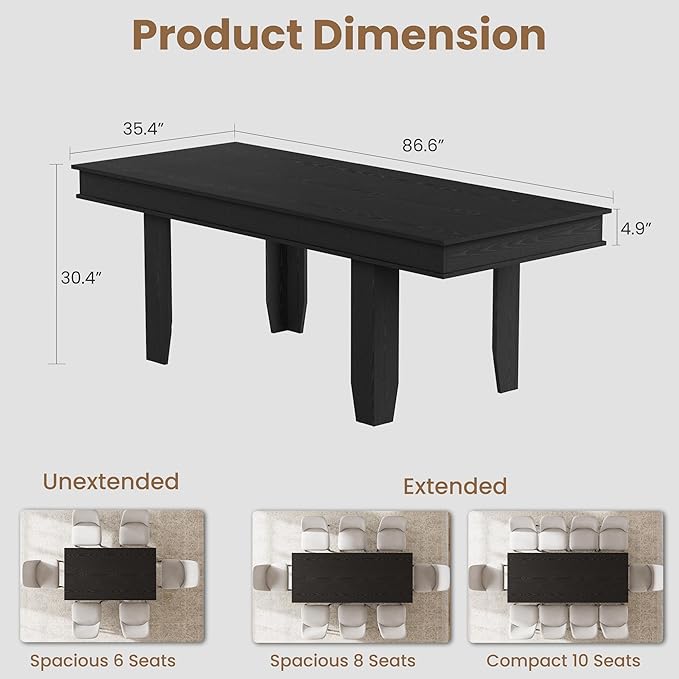 GarveeHome 63 in-86.6 in Extendable Dining Room Table for 6-10, Farmhouse Kitchen Tables w/Wooden Sturdy Frame, Large Rectangular Dinner Table for Dining Room, Kitchen