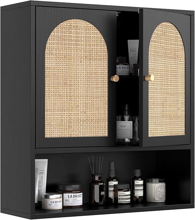 VINGLI Black Rattan Medicine Cabinet Wall Mounted, Arched Modern Farmhouse Storage Over Toilet with Adjustable Shelf & Soft-Close Doors, Moisture-Resistant Cane Webbing Organizer