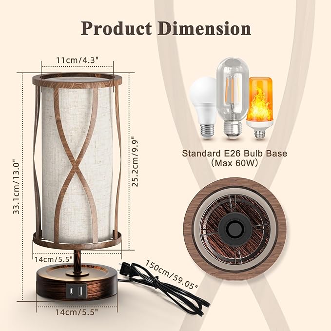 N10-2 Farmhouse Table Lamp Dimmable Touch Control Plug in Lamps Linen Rustic Desk Lamp IImitation Wood Metal Base Vintage Nightstand Table Lamp with USB Port for Bedroom Bedside (Bulb Included)