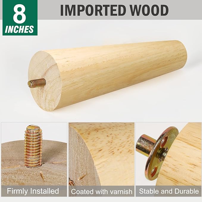 FoDau770 Rubber Wood Furniture Legs 8 Inches, Straight Tapered Wood Feet Mid Century Sofa Legs Set of 8, 5/16" UNC Furniture Feet Replacement Parts for Cabinet Couch Dresser Chair Ottoman Table