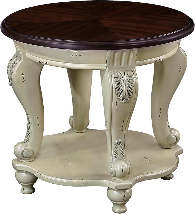 JIJIWANG Retro Oval End Table with Buttom Shelf for Small Space Solid Wood Round Sofa Table with Antique Carved Legs, Beige