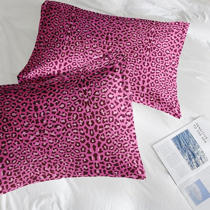 Comforter Set with 2 Pillowcases Queen Size, Pink Leopard Cheetah Print, Bed Decor Wildlife Animal Skin for Kids and Adults, Soft Cozy Bedroom Bedding Set