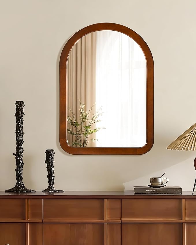 Arched Mirror 22 x 30 Inch,Walnut Brown Wood Rustic Bathroom Tempered Wall Mirror with Wood Frame,Round Corner Arch Farmhouse Wooden Vanity Mirror for Living Room,Entryway or Bedroom