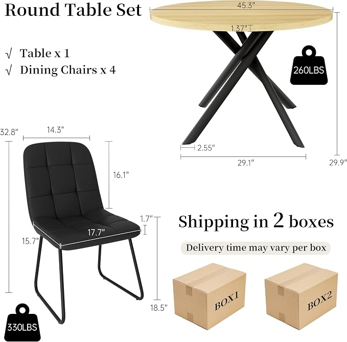 HIPIHOM 45.3 Inch Round Dining Table Set for 4, Mid Century Modern Small Coffee Set for Dining Room Kitchen Apartment (Cream Table + 4 U-Shaped Black Chairs)