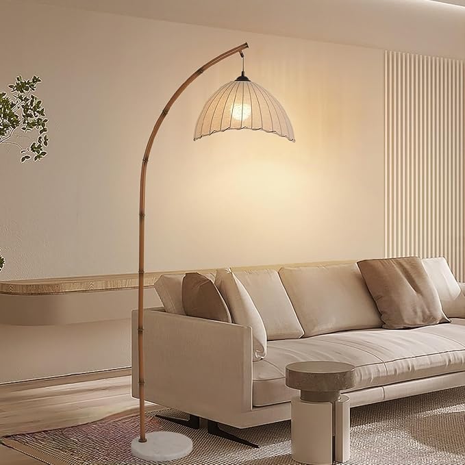 Retro Floor Lamp Unique Bamboo Color Floor lamp Bohemian Hanging Arc Floor Lamp with Antique Rattan Style Vertical Standing tall Lamp for Bed Room Farmhouse Study Living Room Indoor decoration