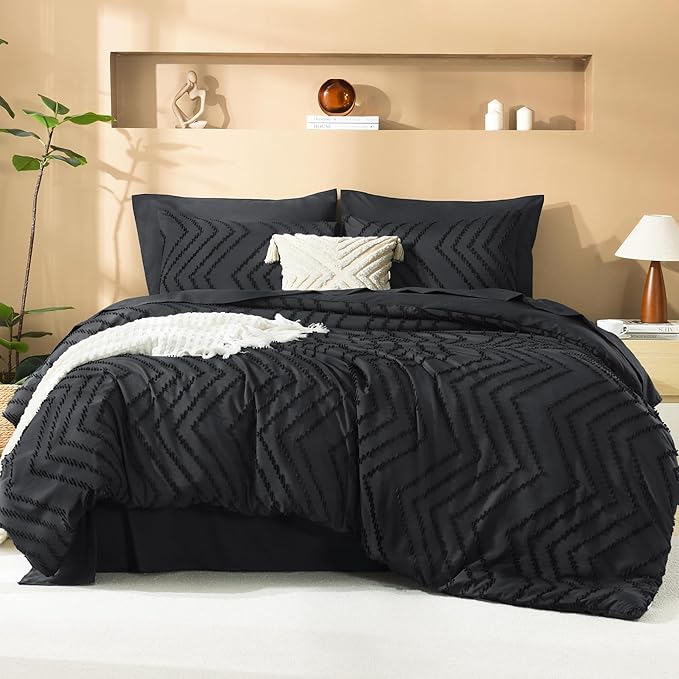 Litanika Super King Plus Size Comforter Set with Sheets Black - 7 Pieces Bed in a Bag Oversized King Boho Tufted Complete Bedding Sets with Comforter, Sheets, Pillowcases & Shams