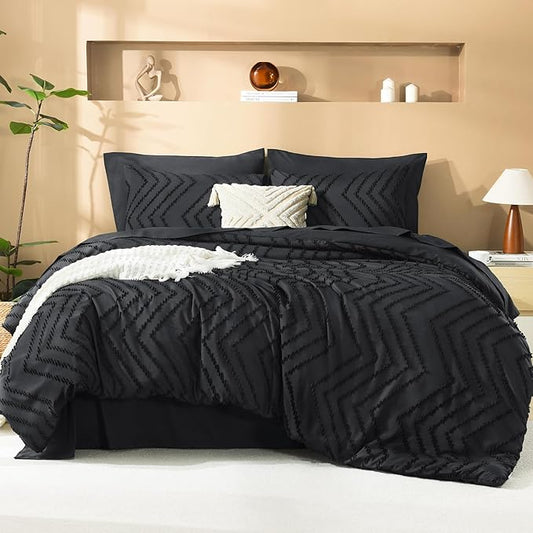 Litanika Super King Plus Size Comforter Set with Sheets Black - 7 Pieces Bed in a Bag Oversized King Boho Tufted Complete Bedding Sets with Comforter, Sheets, Pillowcases & Shams