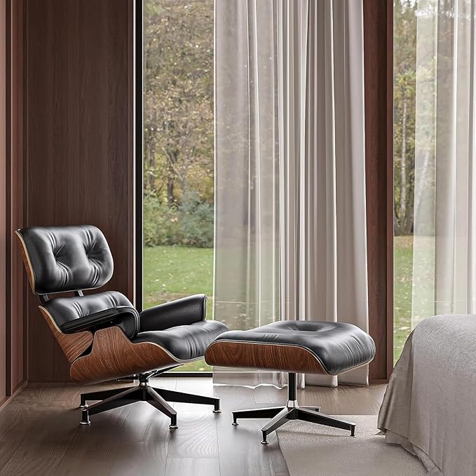 Mid Century Chaise Lounge Chair and Ottoman, Reading Chair, Leather Accent Chair, Modern Chair, Classic Design, Heavy Duty Base Support for Living Room Lounge Office (Palisander-Black, Tall)
