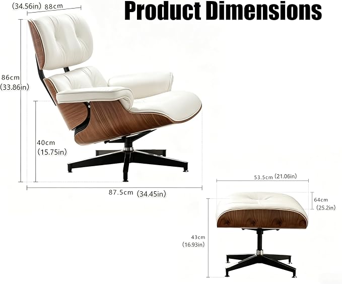 Mid Century Chaise Lounge Chair with Ottoman, Modern Retro Classic Design, PU Leather & Walnut Wood, Heavy Duty Metal Support, Comfortable for Living Room Bedroom Office（White-Standard）