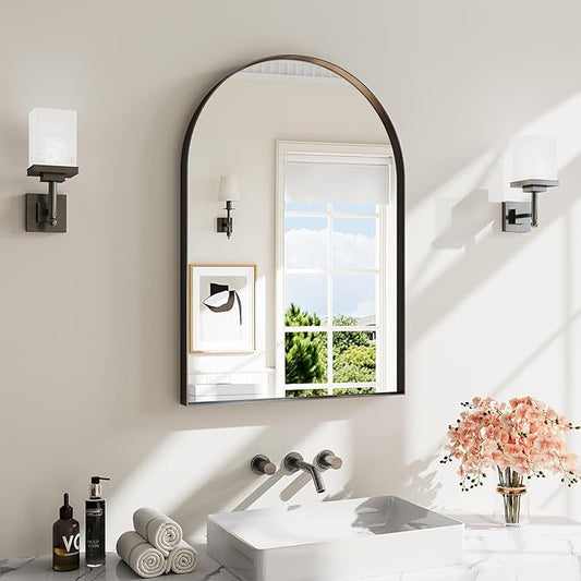 Arch Bathroom Mirror, 20"x30" Wall Mounted Vanity Mirror with Deep Frame, Tempered Glass Decor Mirror for Bathroom, Bedroom, Entryway and Living Room, Hanging or Leaning, Black