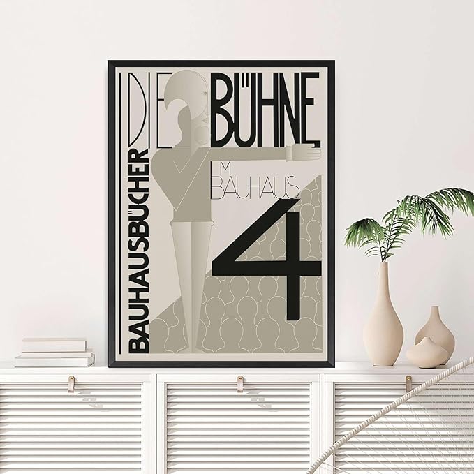 Canvas Painting Poster and Print Bauhaus Graphic Design Exhibition Poster Black White Modern Scandinavian Wall Art Abstract Line Typography Decor Modern Art Decoration for Living Room Bedroom and Office 16x24inch metal frame