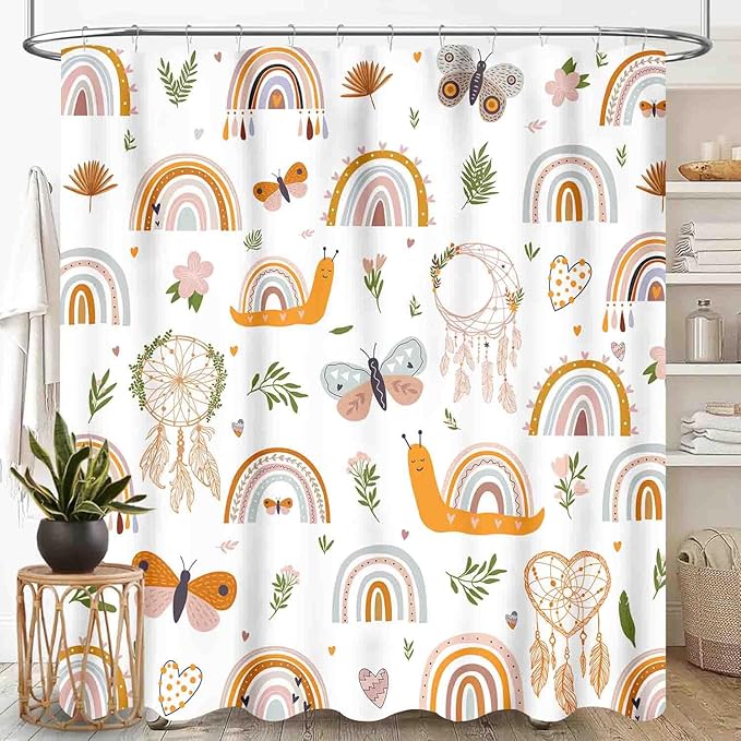 Rainbow Shower Curtain for Bathroom, Kids Girls Baby Cute Lovely Retro Vintage Boho Rainbow Pastel Aesthetic Bohemian Waterproof Fabric Shower Curtain Set with Hooks, 72"x72" Inch