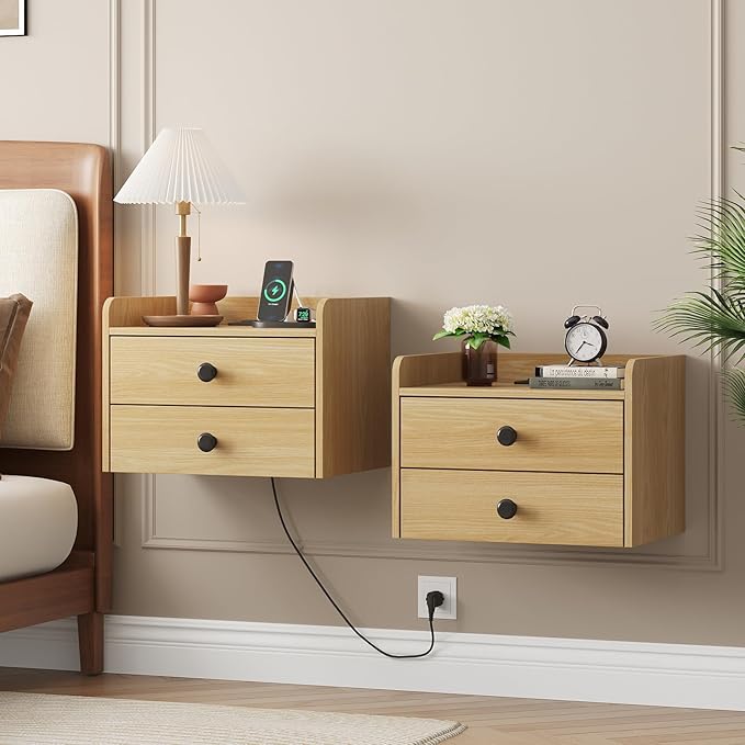 Floating Nightstand Set of 2 with 2 Storage Drawers and Charging Station Wood Wall Mounted Bedside End Table Modern Night Stands Set 2 for Bedroom,Small Space,Natural