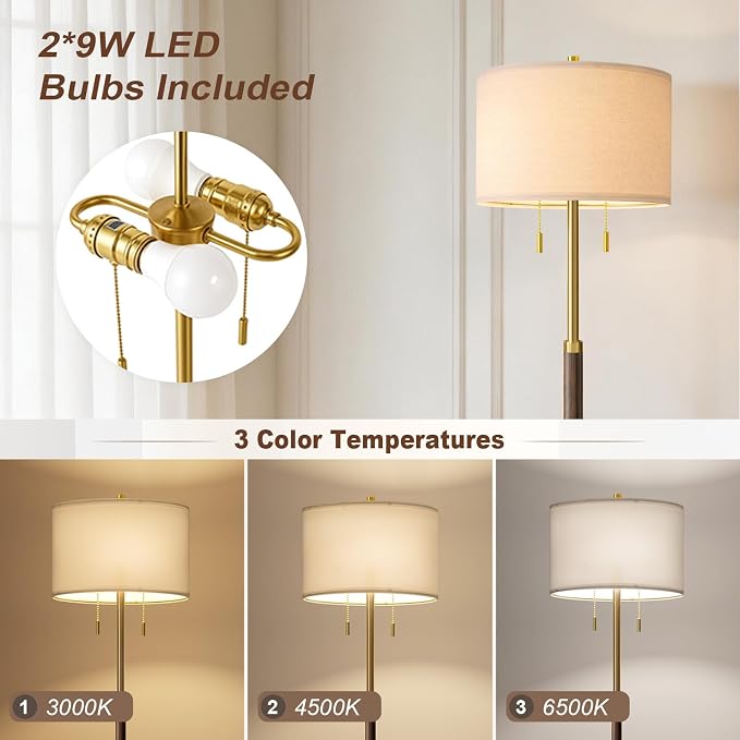 G-SAFAVA Floor Lamp 61" Wood Lamps for Living Room Bedroom 2-Lights Mid Century Modern Standing Tall Lamps for Office Nursery Corner Reading Room Lamp, 3 Color Temperatures 9W Bulbs Included, Walnut