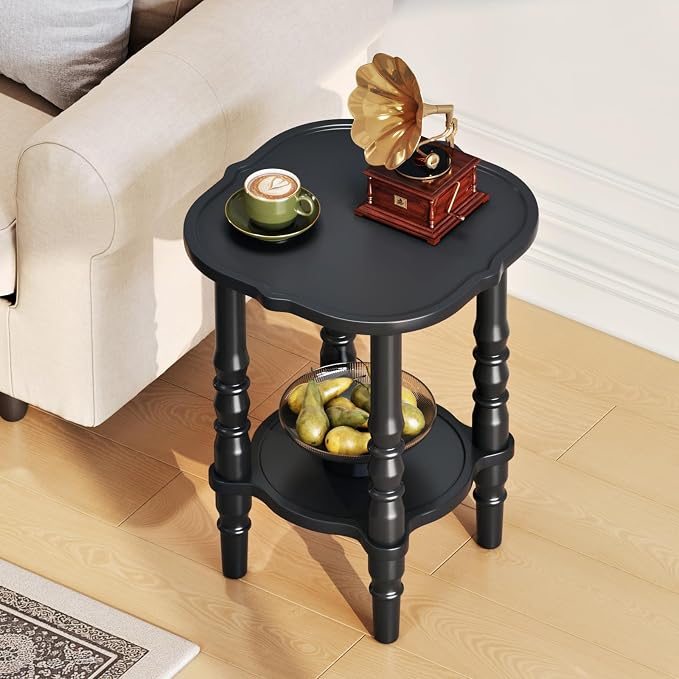 Solid Wood End Table Living Room - 21.7" H Small Narrow Square Wooden End Table for Small Spaces, Dark Real Black Solid Wood Vintage Antique Side Bedside Table Nightstand with 2-Tier Storage